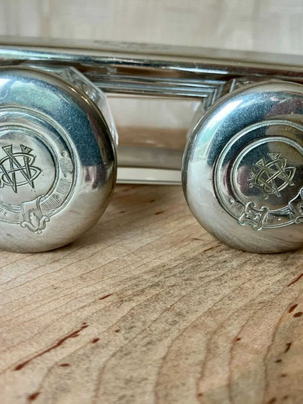 Vintage Silverplate Vanity Set w/ Scottish Buckle Crest and Monogram